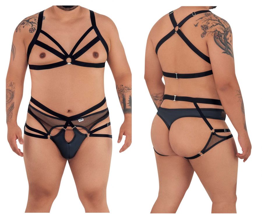 CandyMan 99546X Harness-Thongs Outfit Black Plus Sizes