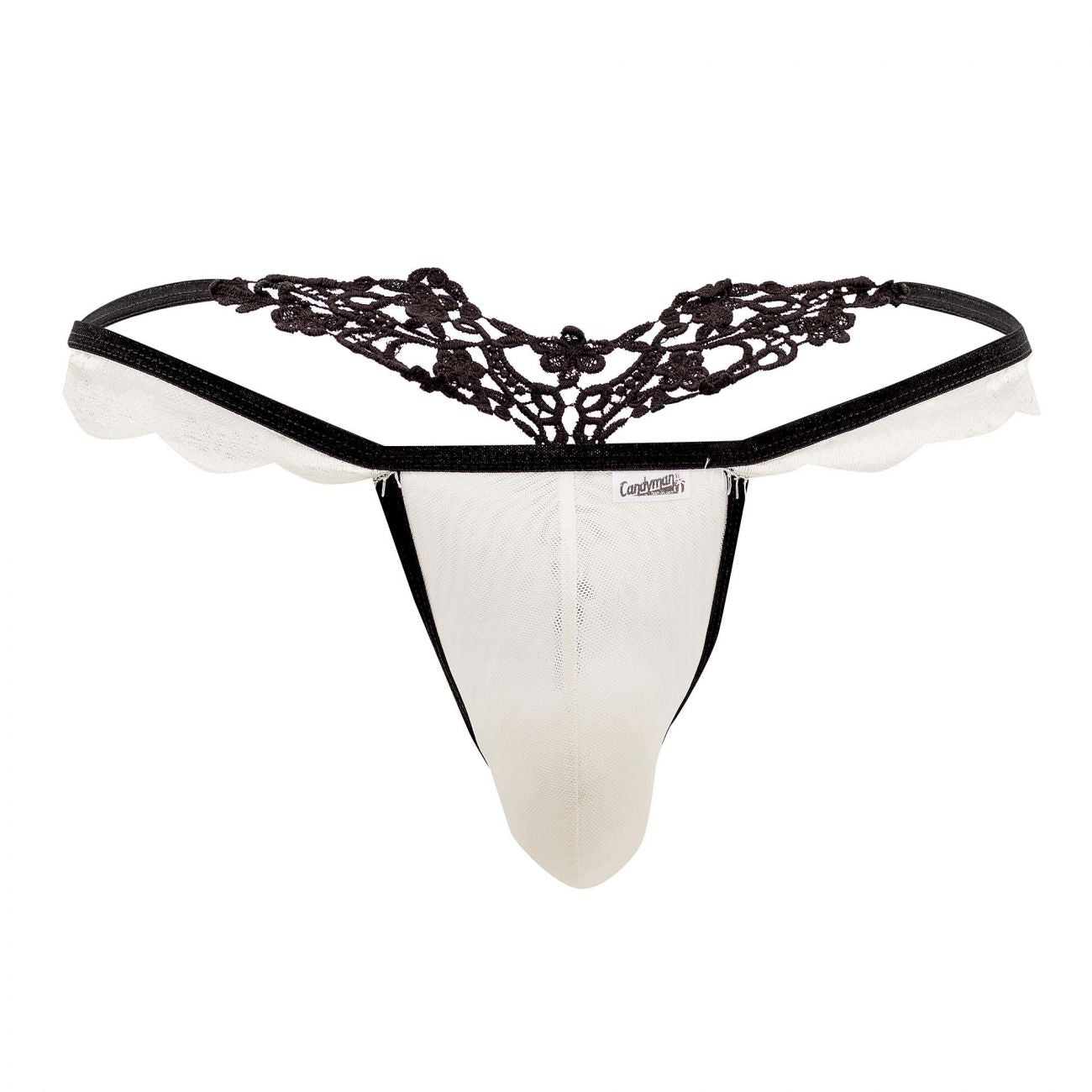 CandyMan 99563 Mesh-Lace G-String Ivory and Black
