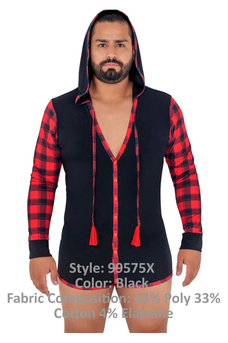 CandyMan 99575X Hoodie Bodysuit Black & Red Plus Sizes