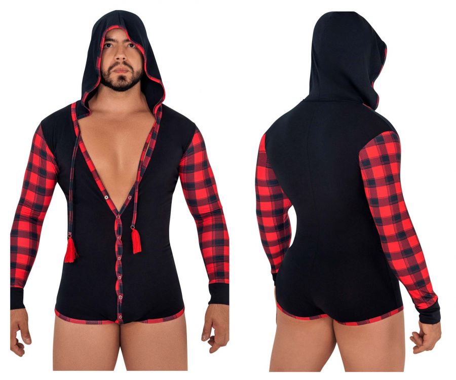 CandyMan 99575 Hoodie Bodysuit Black & Red