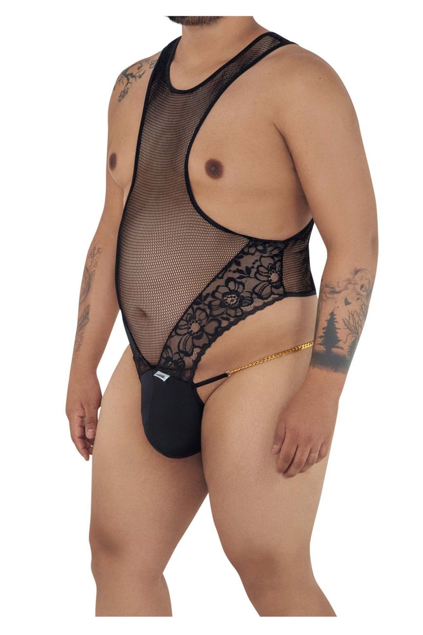 CandyMan 99584X Mesh-Lace Bodysuit Black Plus Sizes