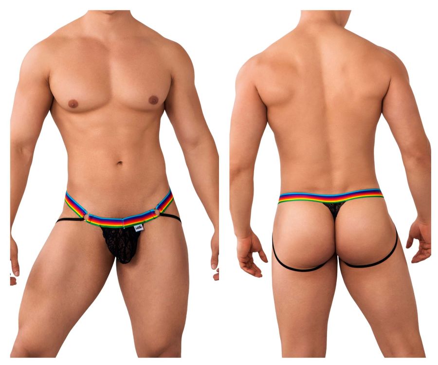 CandyMan 99626 Prints Jockstrap Thongs Black-Rainbow