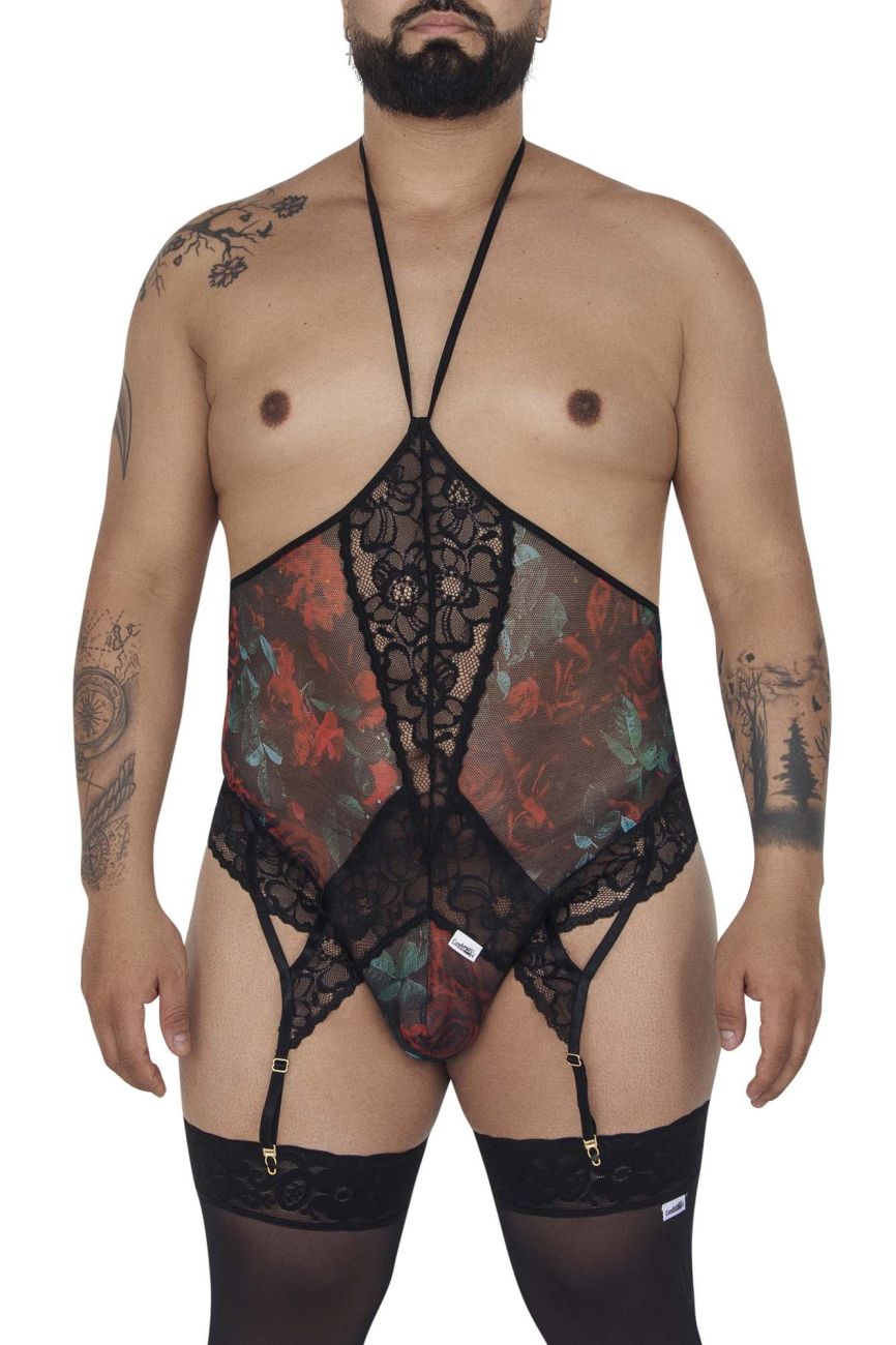 CandyMan 99661X Lace Bodysuit Black Printed