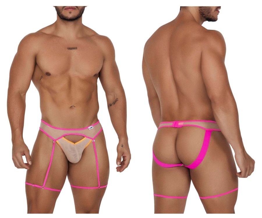 CandyMan 99687 Garter Jock Two Piece Set Beige-Neon