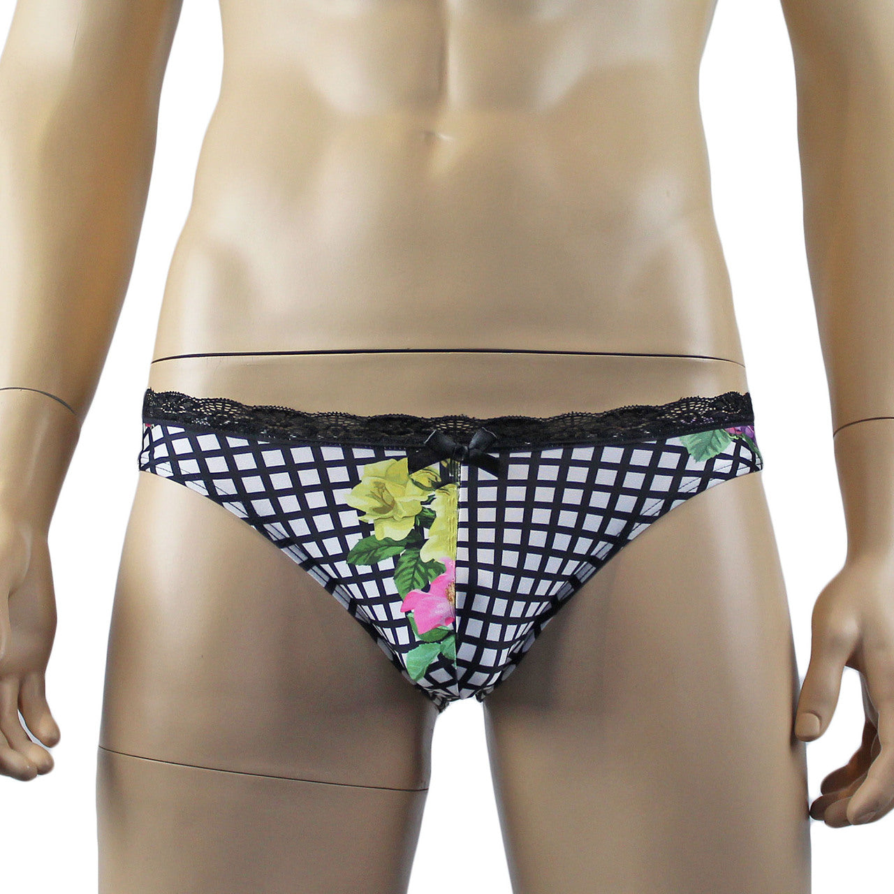 Mens Diana Bikini Brief in a Flower, Checkered Print Spandex