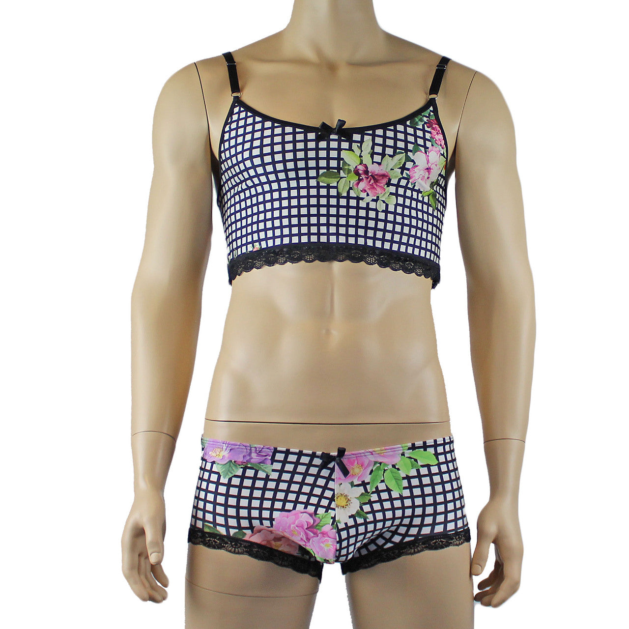 Mens Diana Camisole Top & Boxer Briefs in a Pretty Flower Checkered Print Spandex