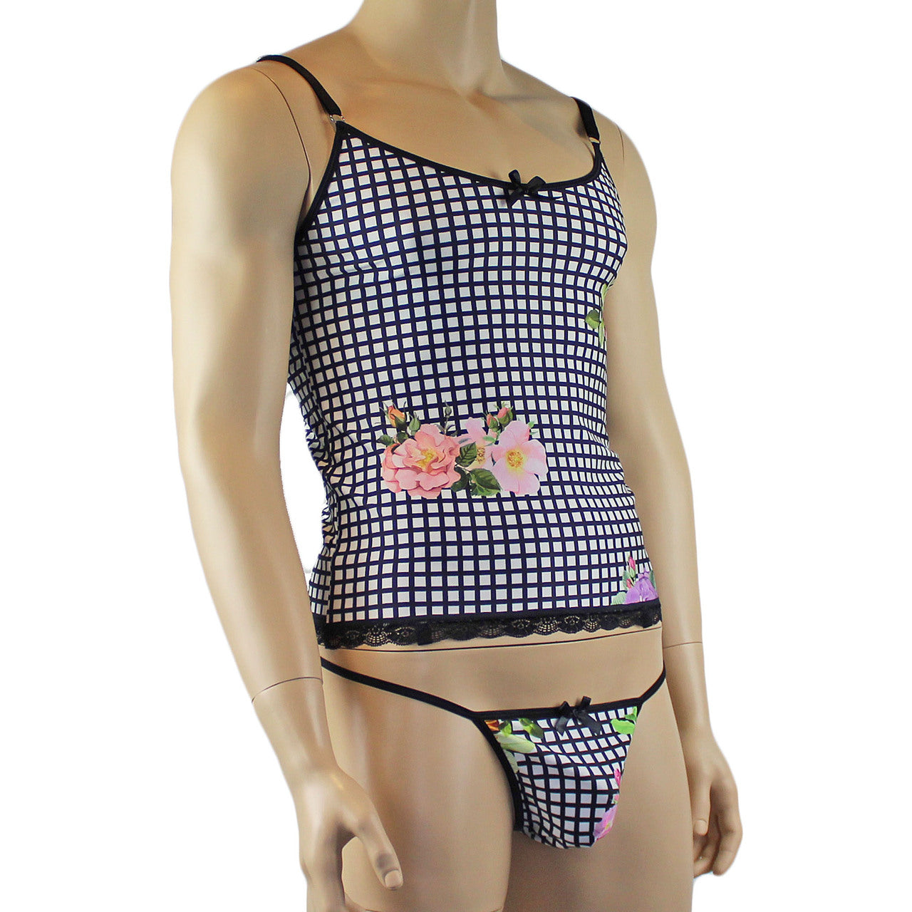 Mens Diana Long Cami Top & G string in a Pretty Flower Checkered Print Spandex