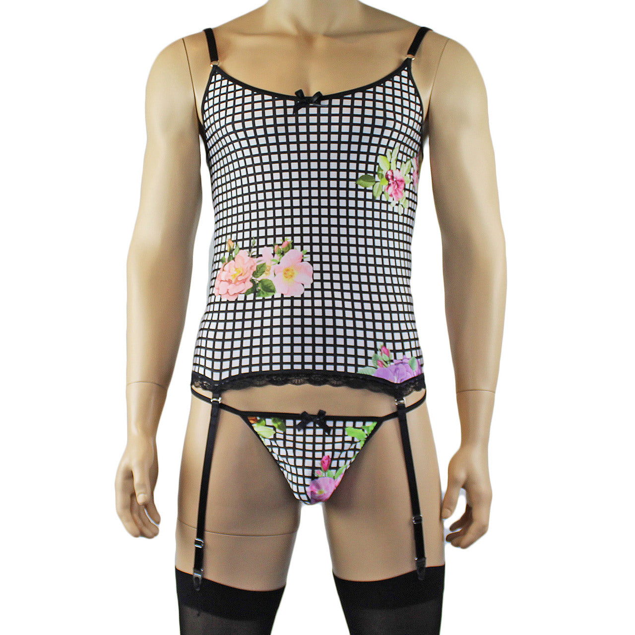 SALE - Mens Diana Camisole Corset Top in a Pretty Flower Checkered Spandex
