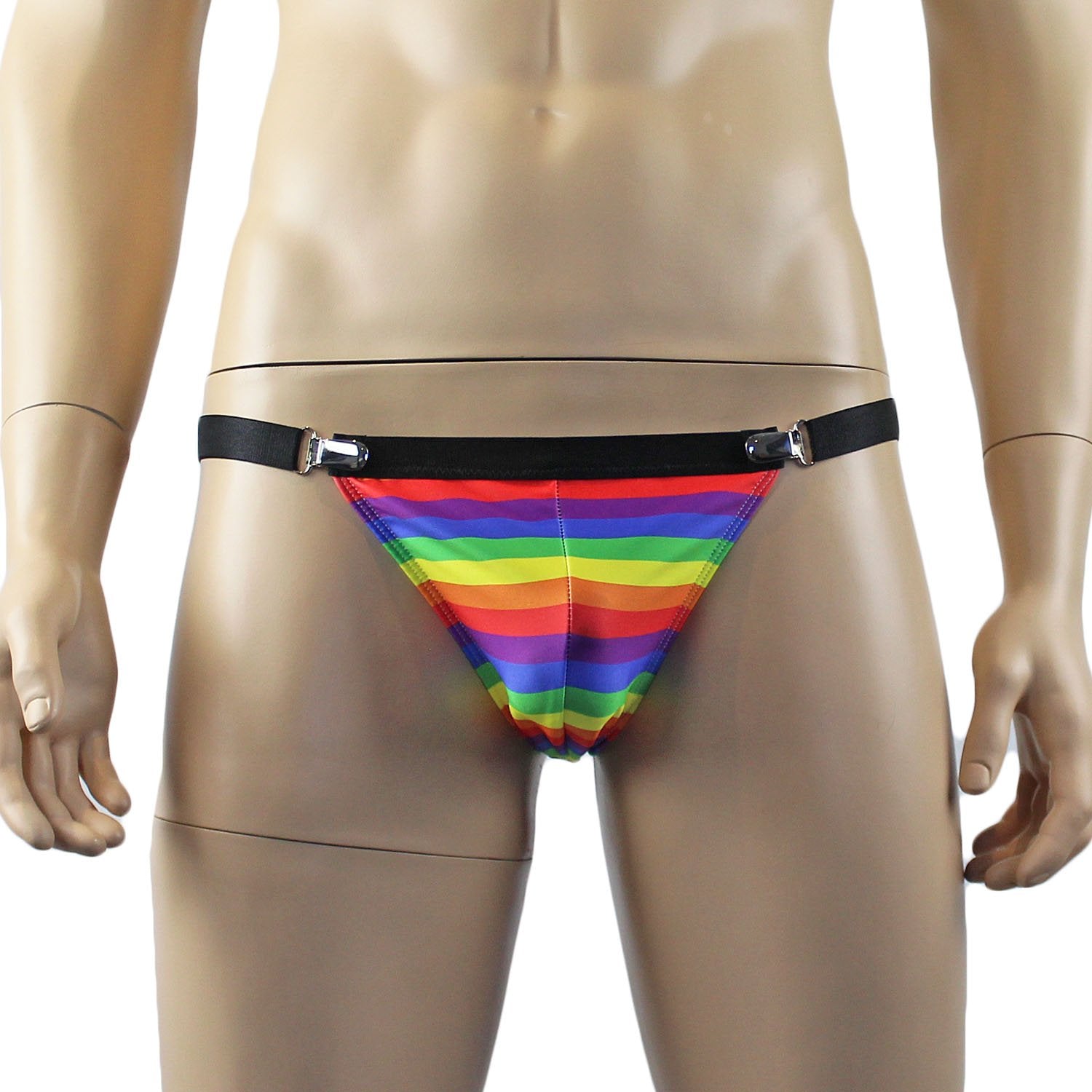 Gay Pride Rainbow Mens Thong with Adjustable Metal Clasp Open Sides