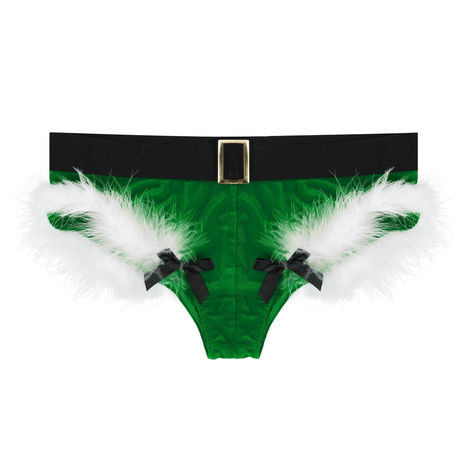 SALE - XMAS GIFT - Mens Sissy Christmas Velvet Santa Briefs with Feather Trim Green & White