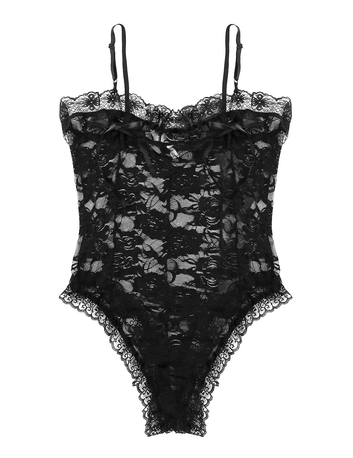 Mens Sheer Lace Bodysuit with Lace Trim Open Nipples Black