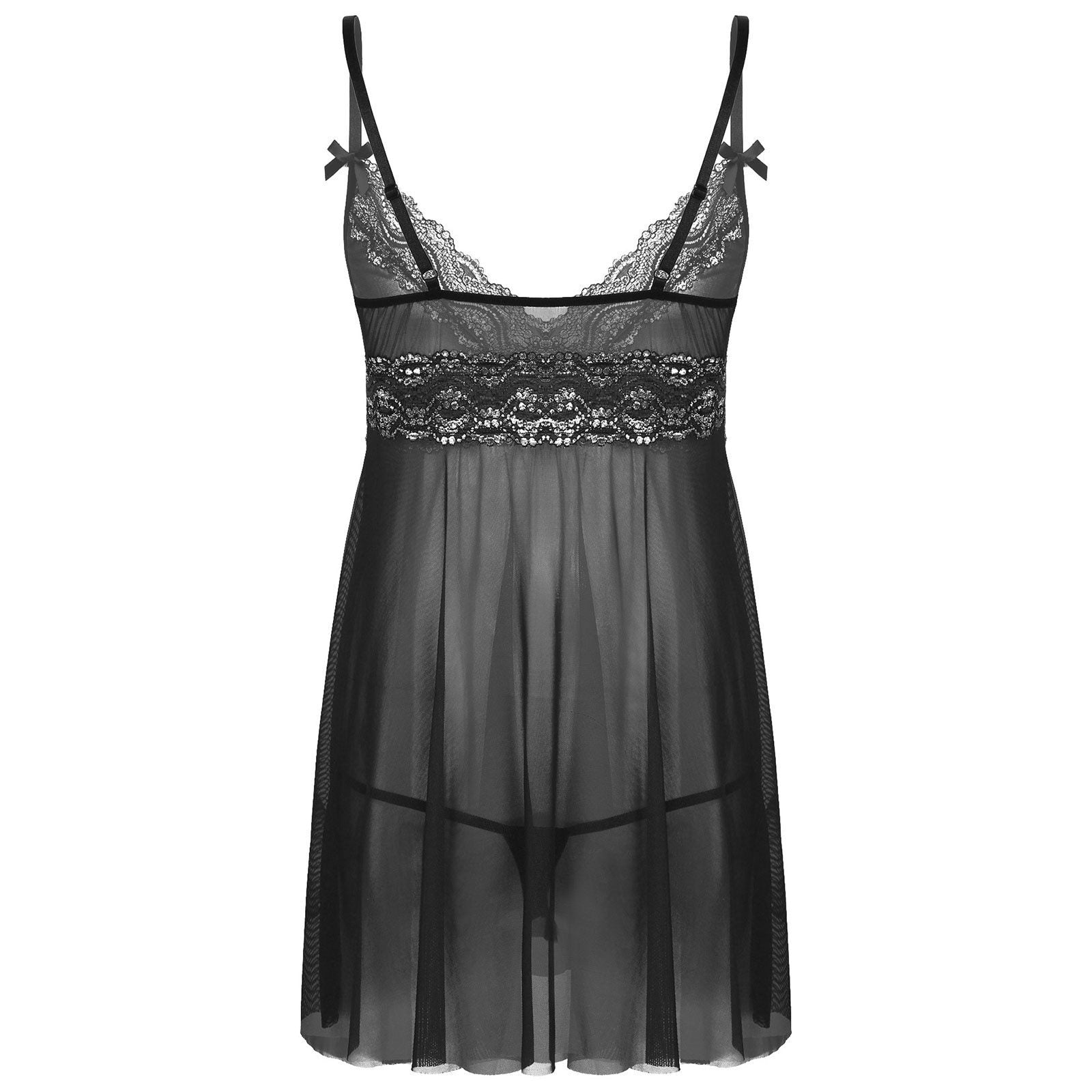 Mens Sissy Sheer Mesh and Lace Babydoll Sleepwear Black