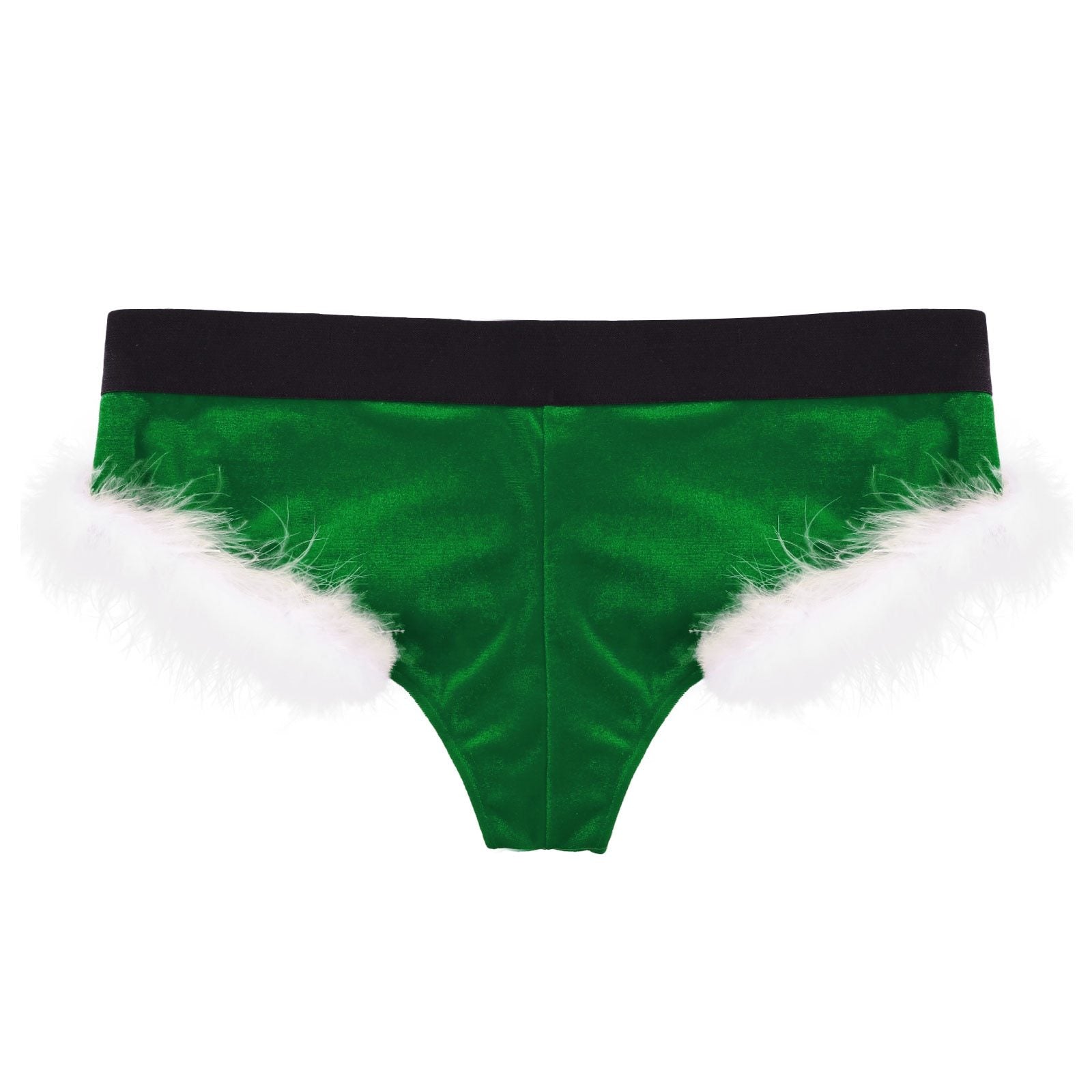 SALE - XMAS GIFT - Mens Sissy Christmas Velvet Santa Briefs with Feather Trim Green & White