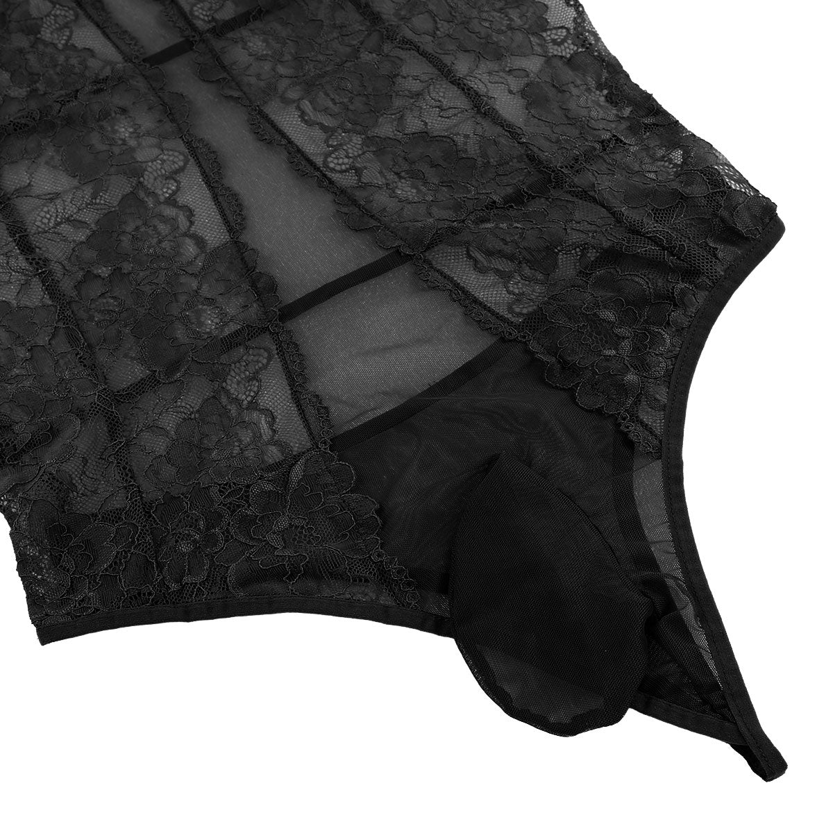 JCSTK - Mens Femme IF-23973435 Sheer Bodysuit with Lace Trim & Pouch Front Black