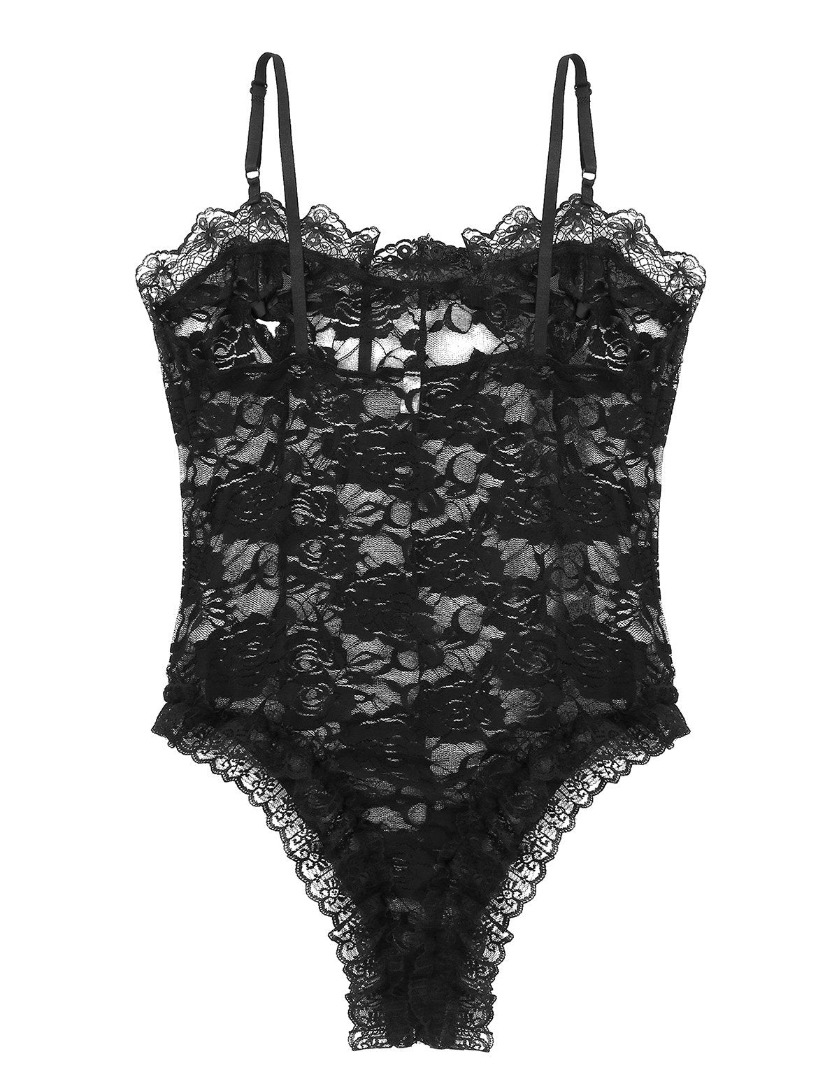 Mens Sheer Lace Bodysuit with Lace Trim Open Nipples Black