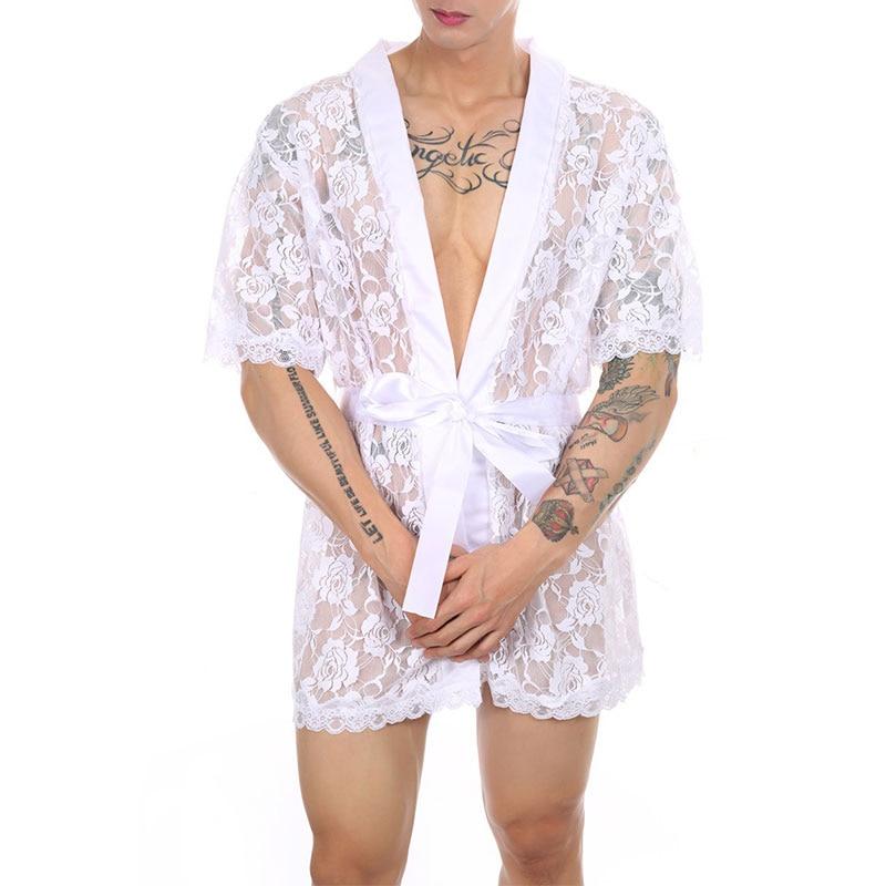 Mens Sexy Sissy Lace Kimono Robe with Tie Waist White