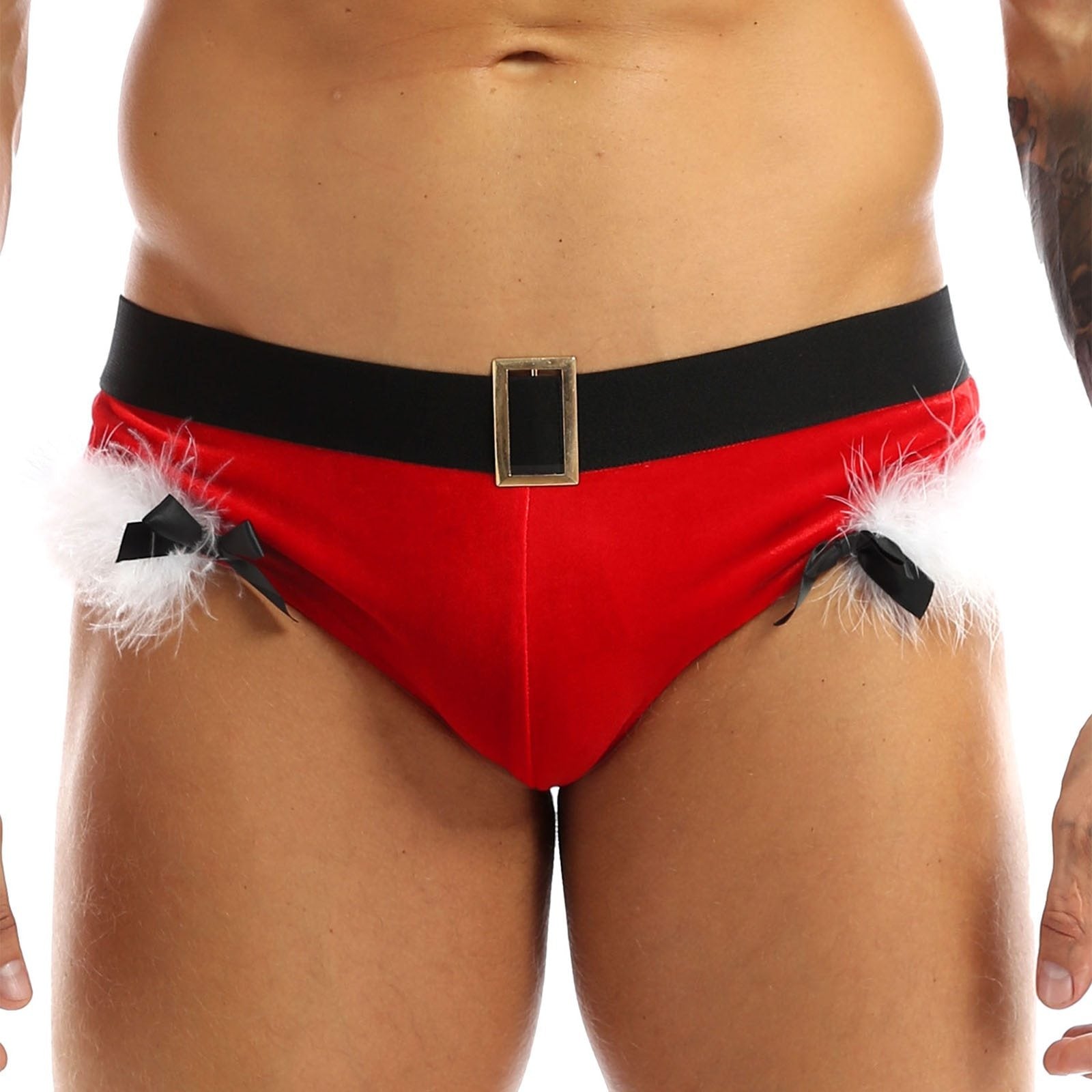 SALE - XMAS GIFT - Mens Sissy Christmas Velvet Santa Briefs with Feather Trim Red & White