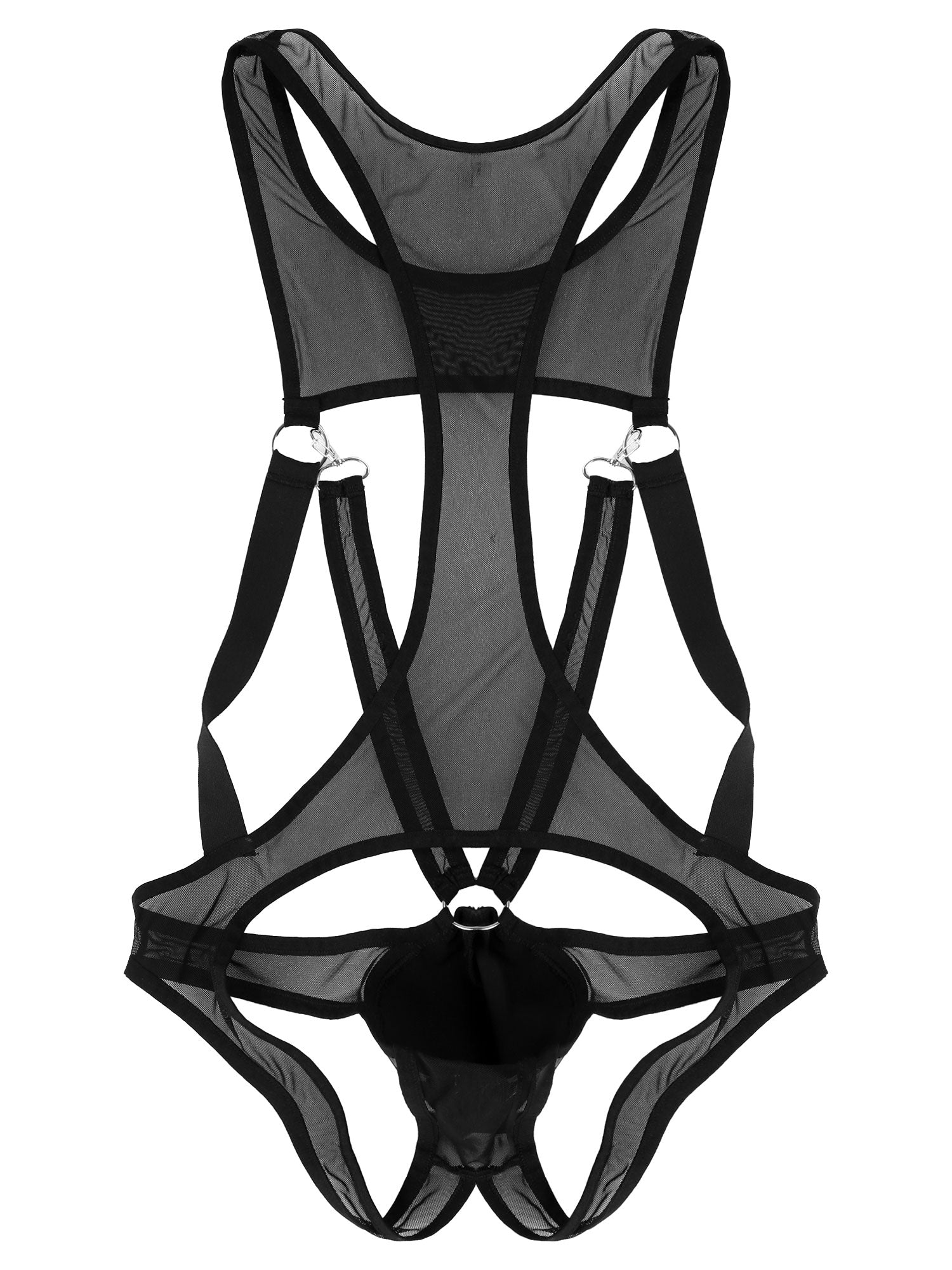 Men See-through Sheer Mesh Bodysuit with Sexy Straps and Rings Black