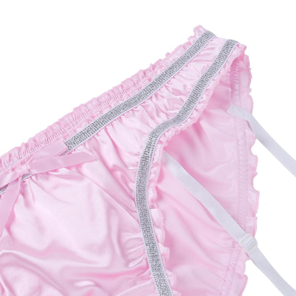 Sexy Mens Lingerie Panties Sissy Satin Panties with Detachable Garters Pink