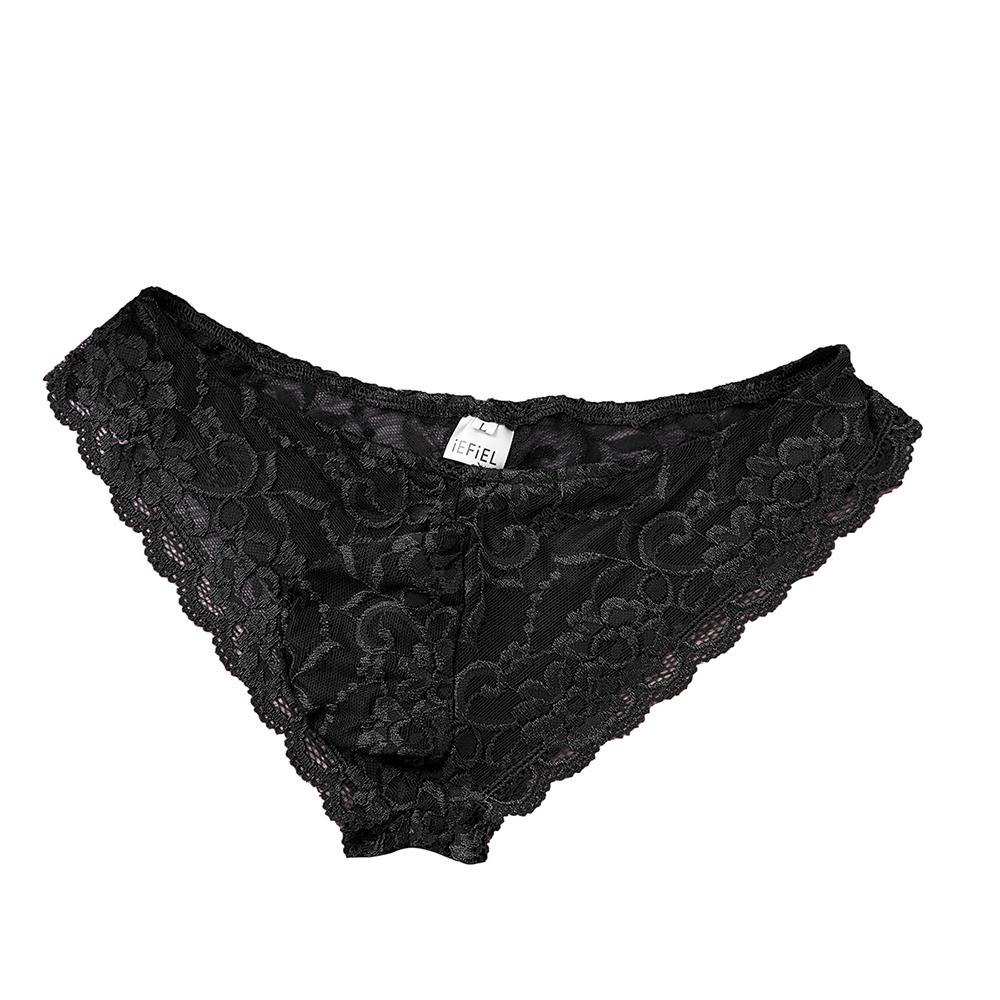 Mens Sissy Stretch Lace Briefs with Pouch Front Black