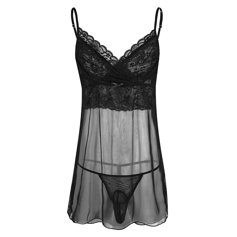 JCSTK - Mens Sheer Lacey Babydoll and Pouch G string Black
