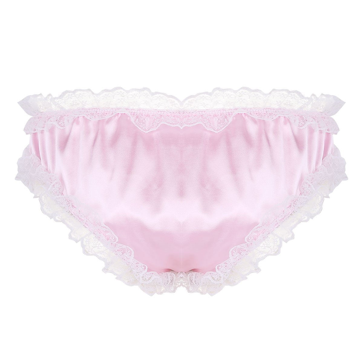 Mens Sissy Satin Panty Bikini Brief, Male Lingerie Pink and White Lace
