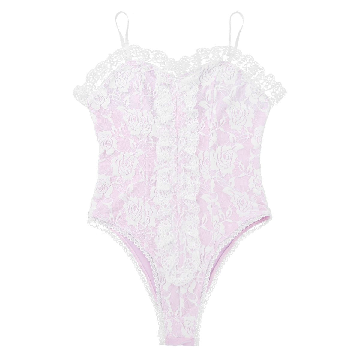 Mens Sissy Teddy Bodysuit with Floral Lace Pink & White