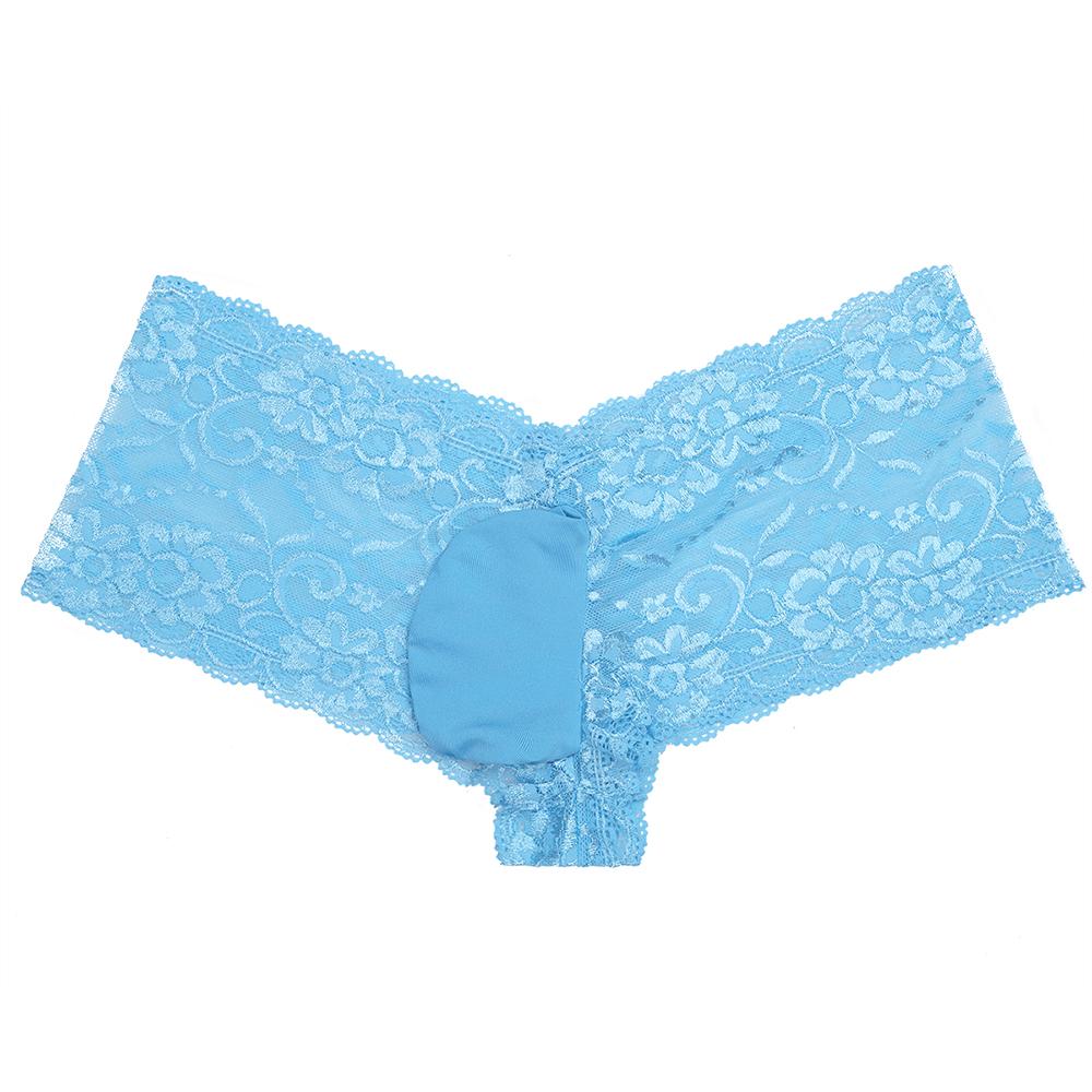 Mens Sissy Lingerie Floral Lace See-through Briefs Panties with Sheath Front Sky Blue