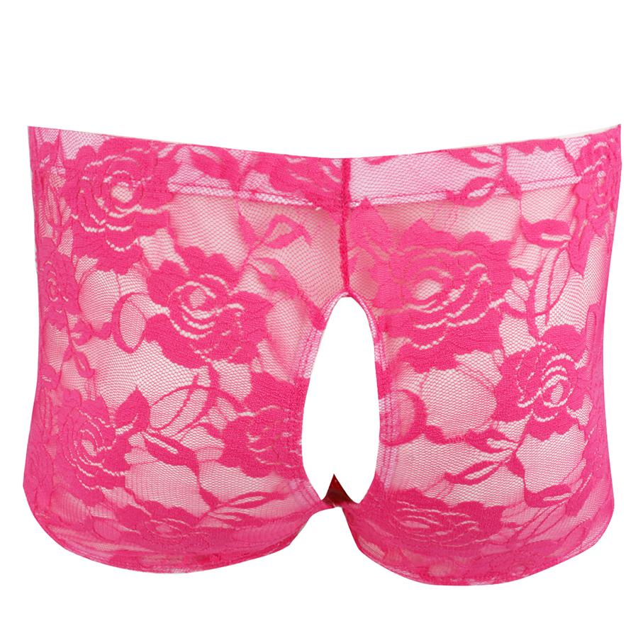 Mens Sissy Lace Peek a Boo Boxer Shorts with Open Front & Back Rose