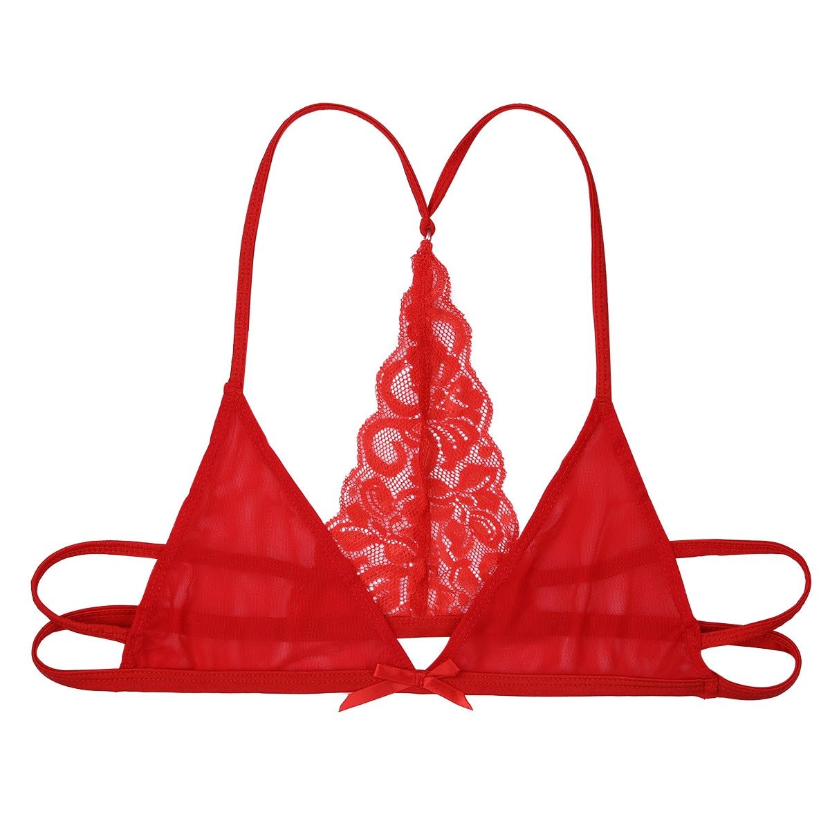 Mens Sissy Lingerie See Through Sheer Lace Bra Top with Y-shape Red