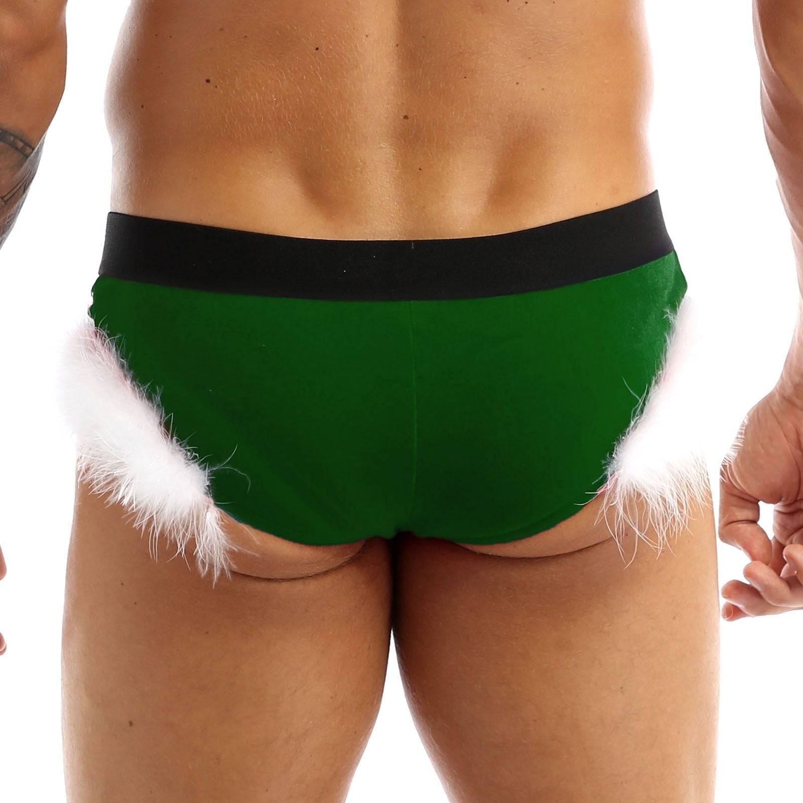 SALE - XMAS GIFT - Mens Sissy Christmas Velvet Santa Briefs with Feather Trim Green & White