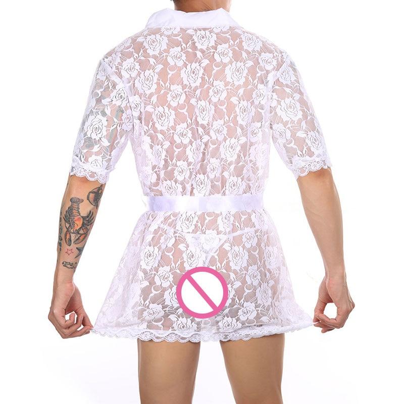 Mens Sexy Sissy Lace Kimono Robe with Tie Waist White