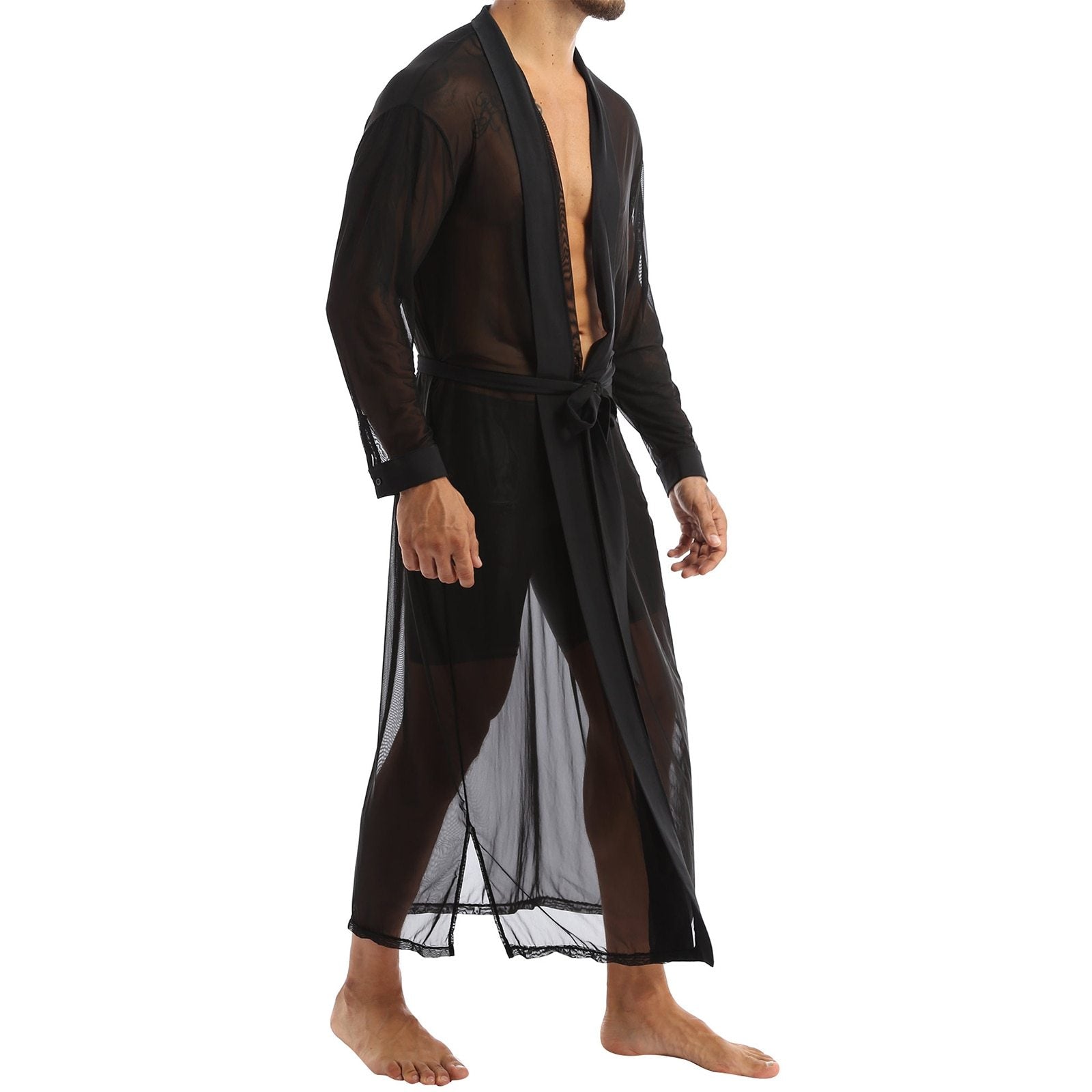 Mens Transparent Sheer Mesh Long Robe, Sleepwear Male Lingerie