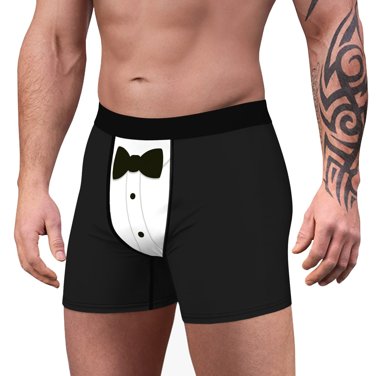 SALE - XMAS GIFT - Mens Christmas Boxer Shorts Printed Holiday Season Tuxedo with Tie Front