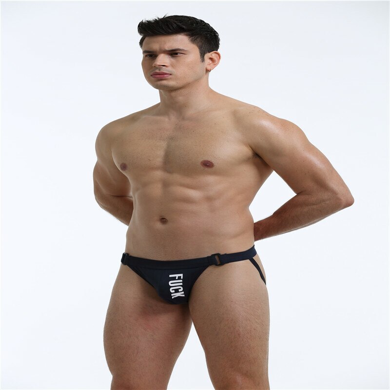 SALE - Mens Stretch Cotton Spandex Thong with Printed Detail Black