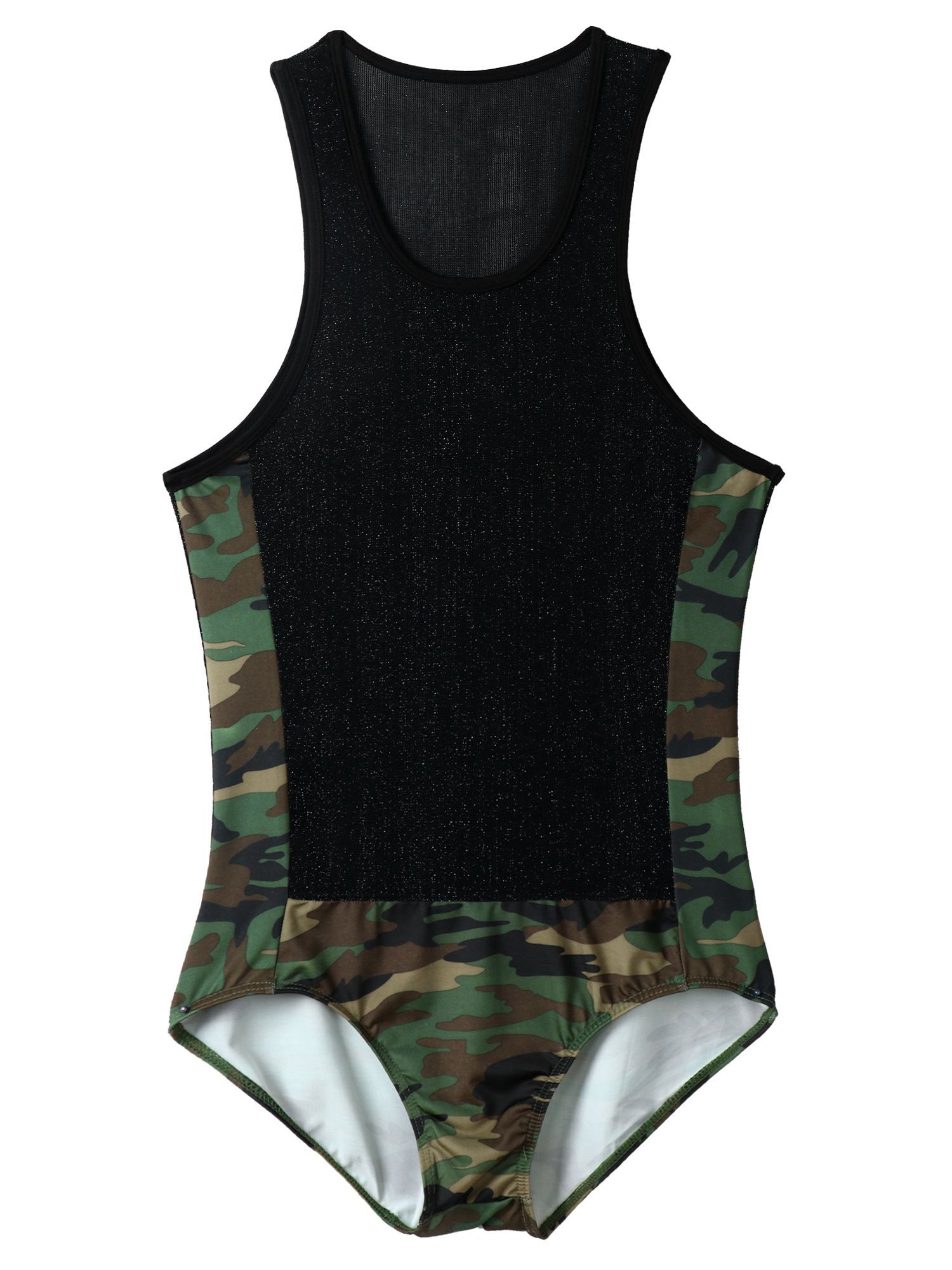 Men Camouflage Print & Mesh Sleeveless Patchwork Bodysuit