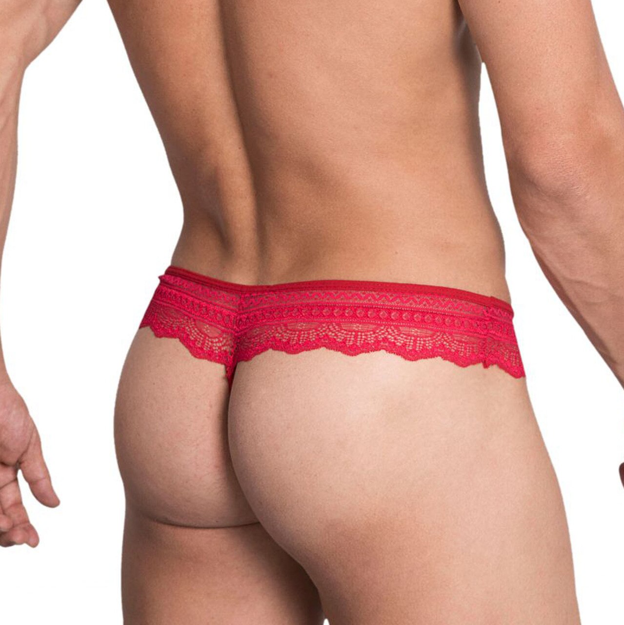 Mens Hidden Seduction Fishnet and Lace String Back Thong Red