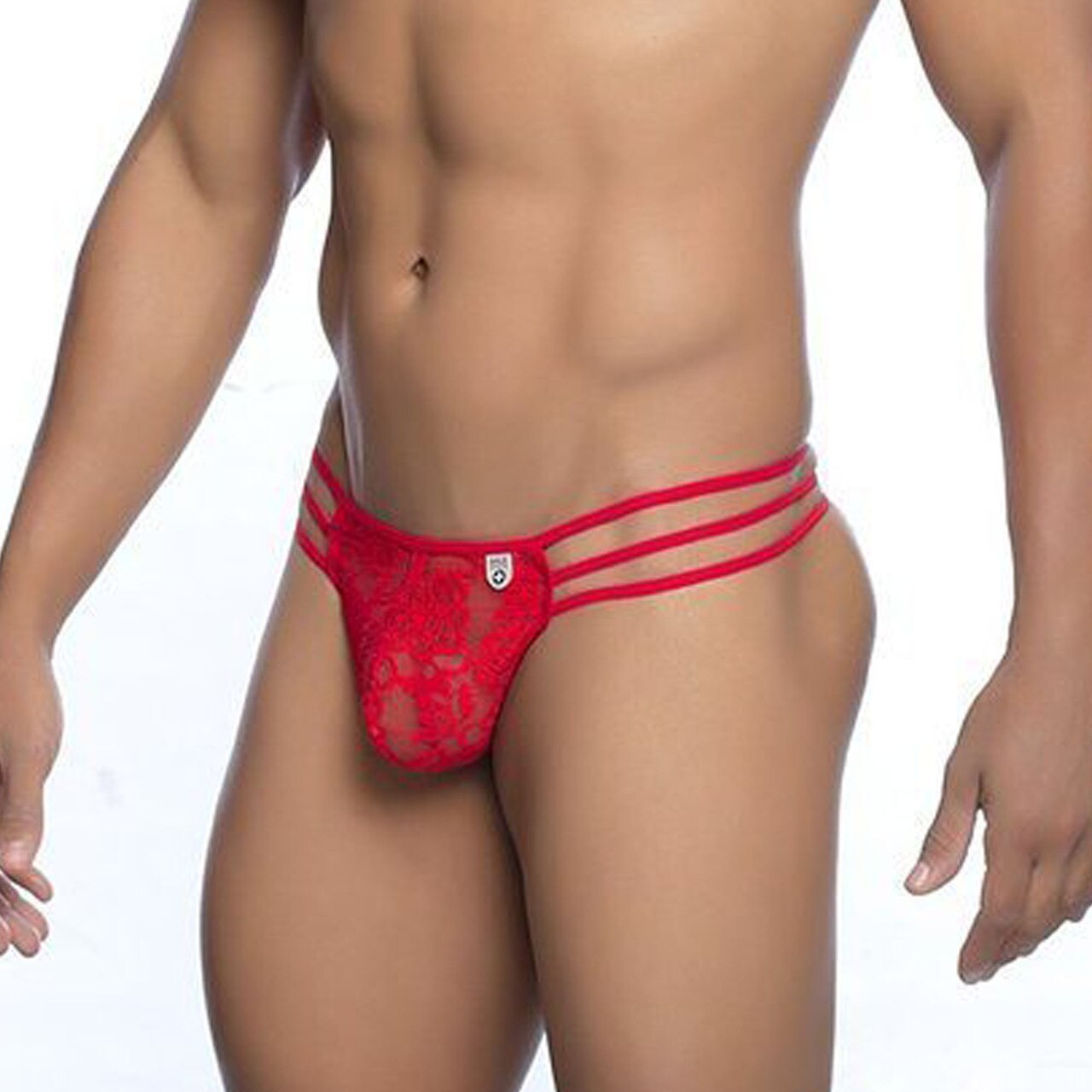 Mens Male Basics Lace G string Thong with Triple Straps Red
