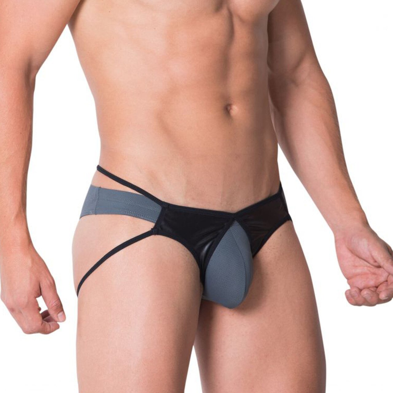 Mens PPU Underwear Microfiber Briefs with Contrast Straps Black with Grey