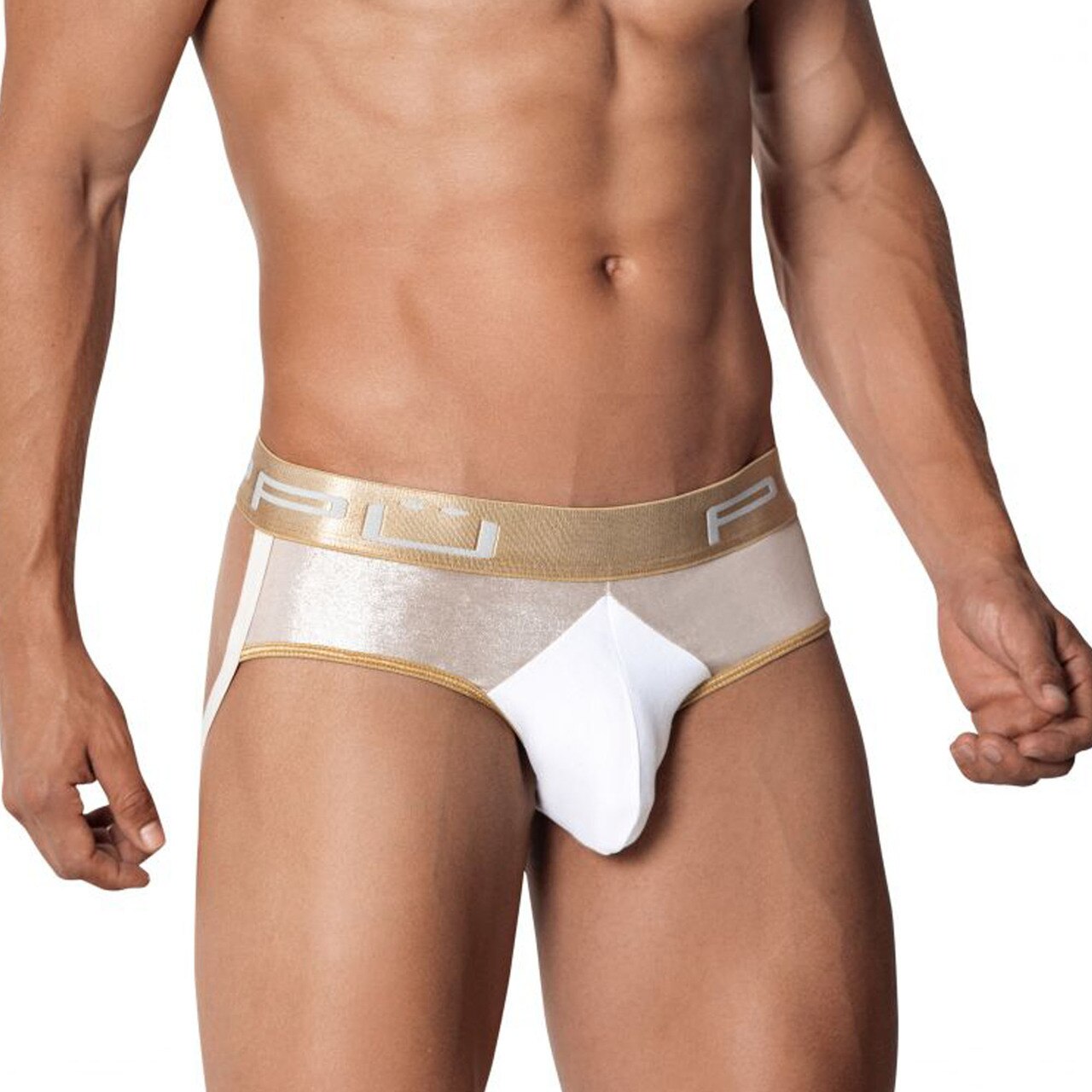 Mens PPU Underwear Jockstrap Brief White with Gold