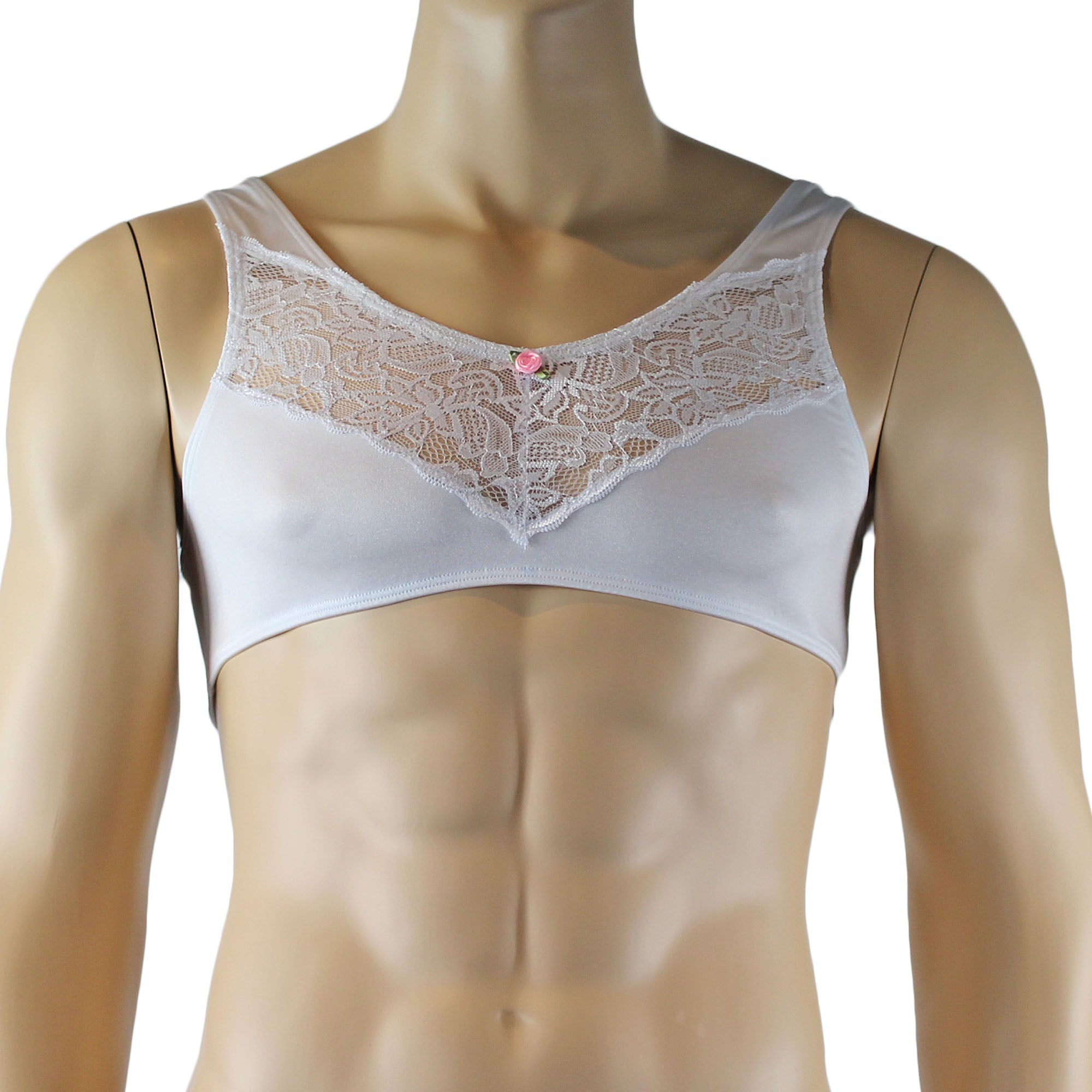 Male Penny Lingerie Bra Top with V Lace front, G string & Garterbelt White