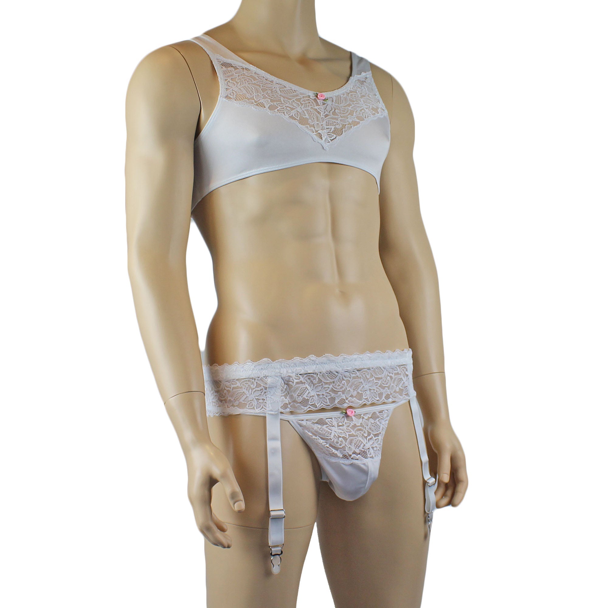 Male Penny Lingerie Bra Top with V Lace front, G string & Garterbelt White