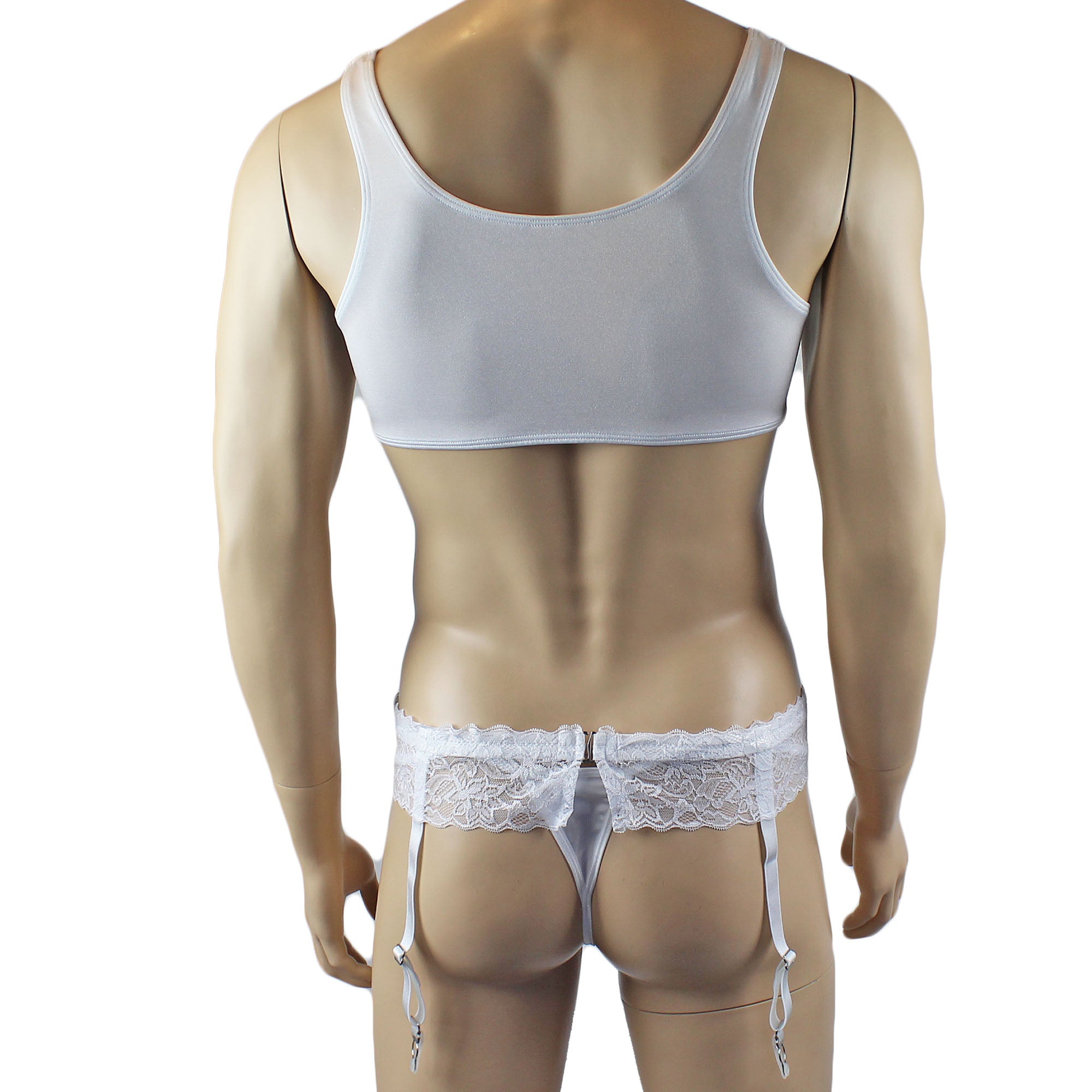 Male Penny Lingerie Bra Top with V Lace front, G string & Garterbelt White