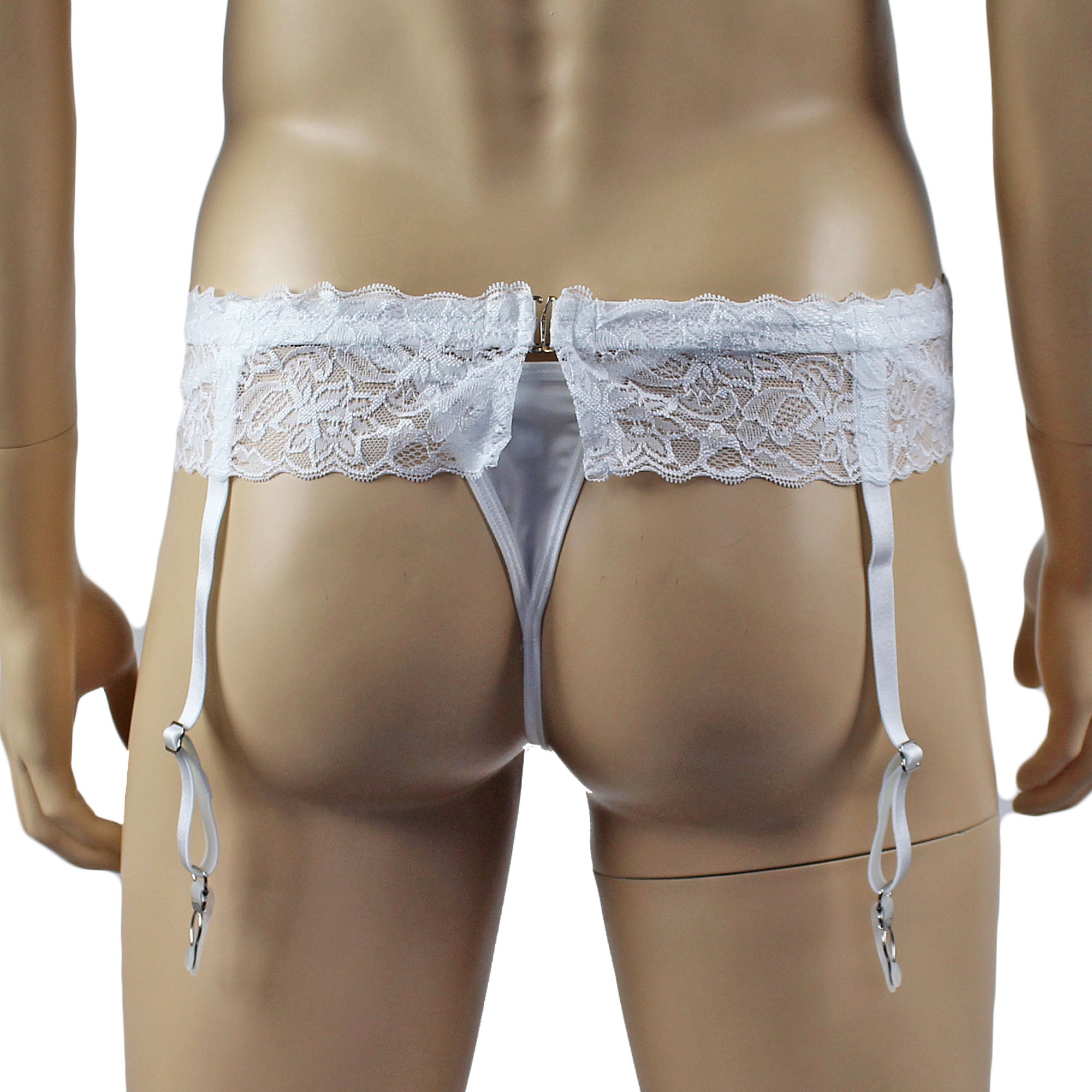 Male Penny Lingerie Stretch Spandex & Lace Pouch G string & Lace Garterbelt (white plus other colours)