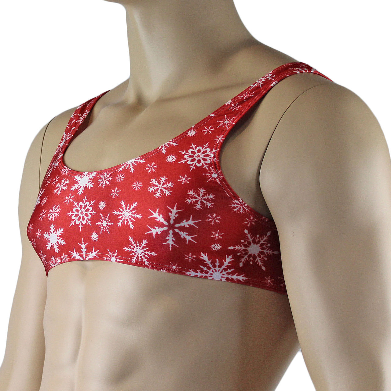 Mens Lingerie Snowflake Print Spandex Bra Top Red and White