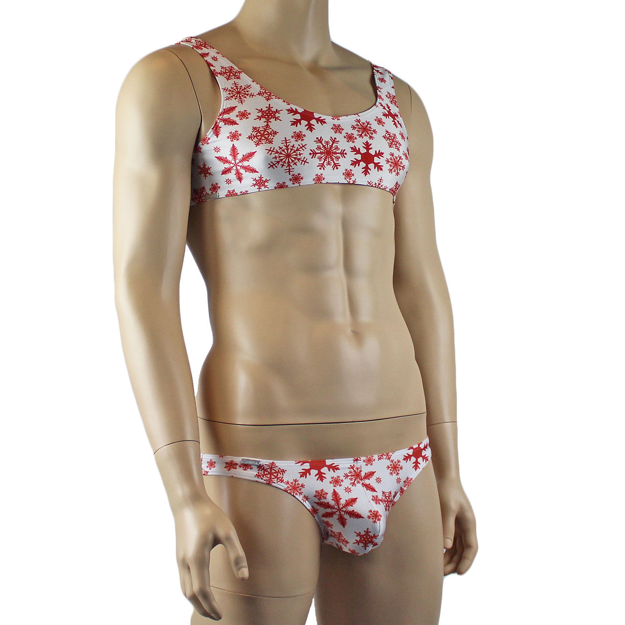 Mens Lingerie Snowflake Bra Top & Low Cut Bikini Brief Red and White