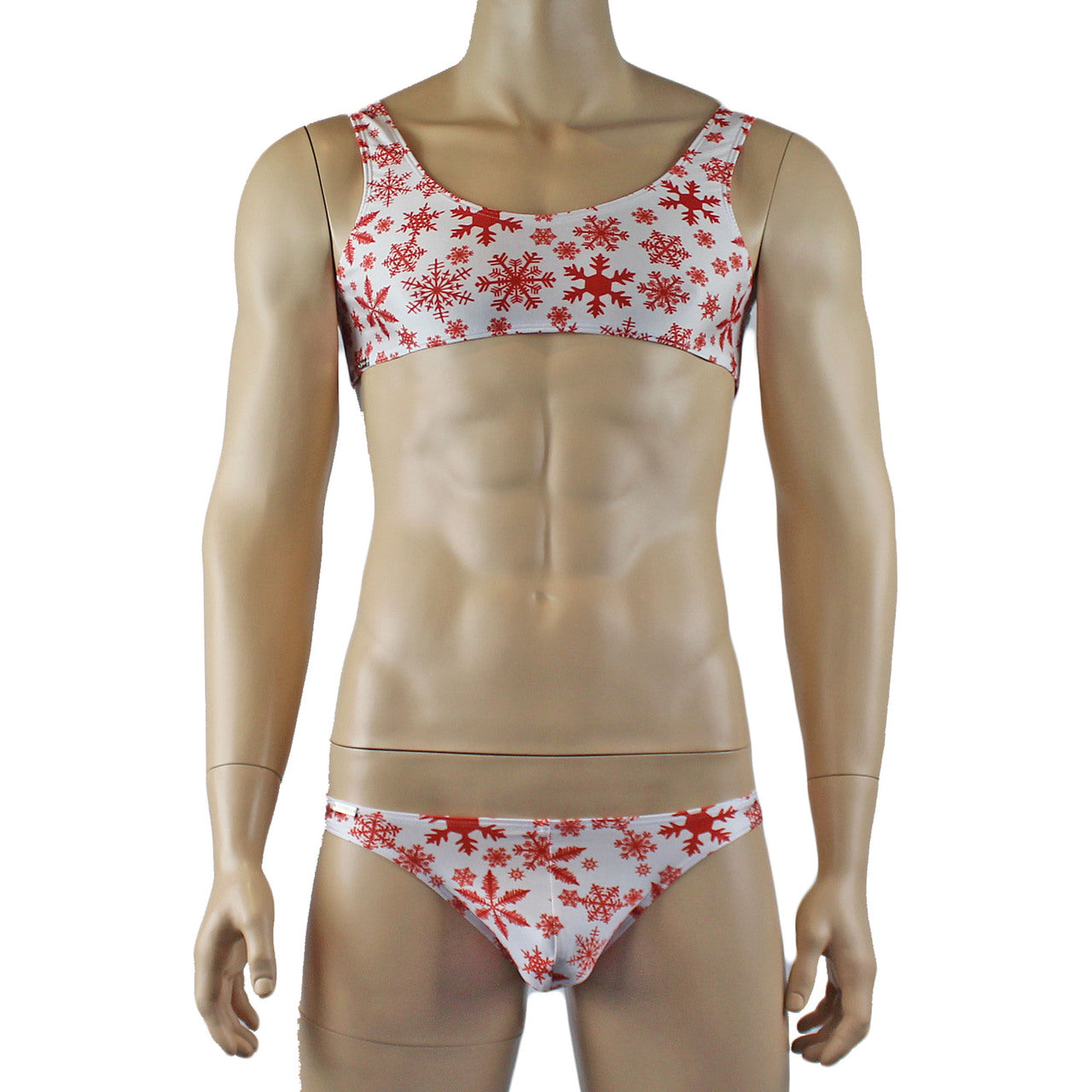 Mens Lingerie Snowflake Bra Top & Low Cut Bikini Brief Red and White