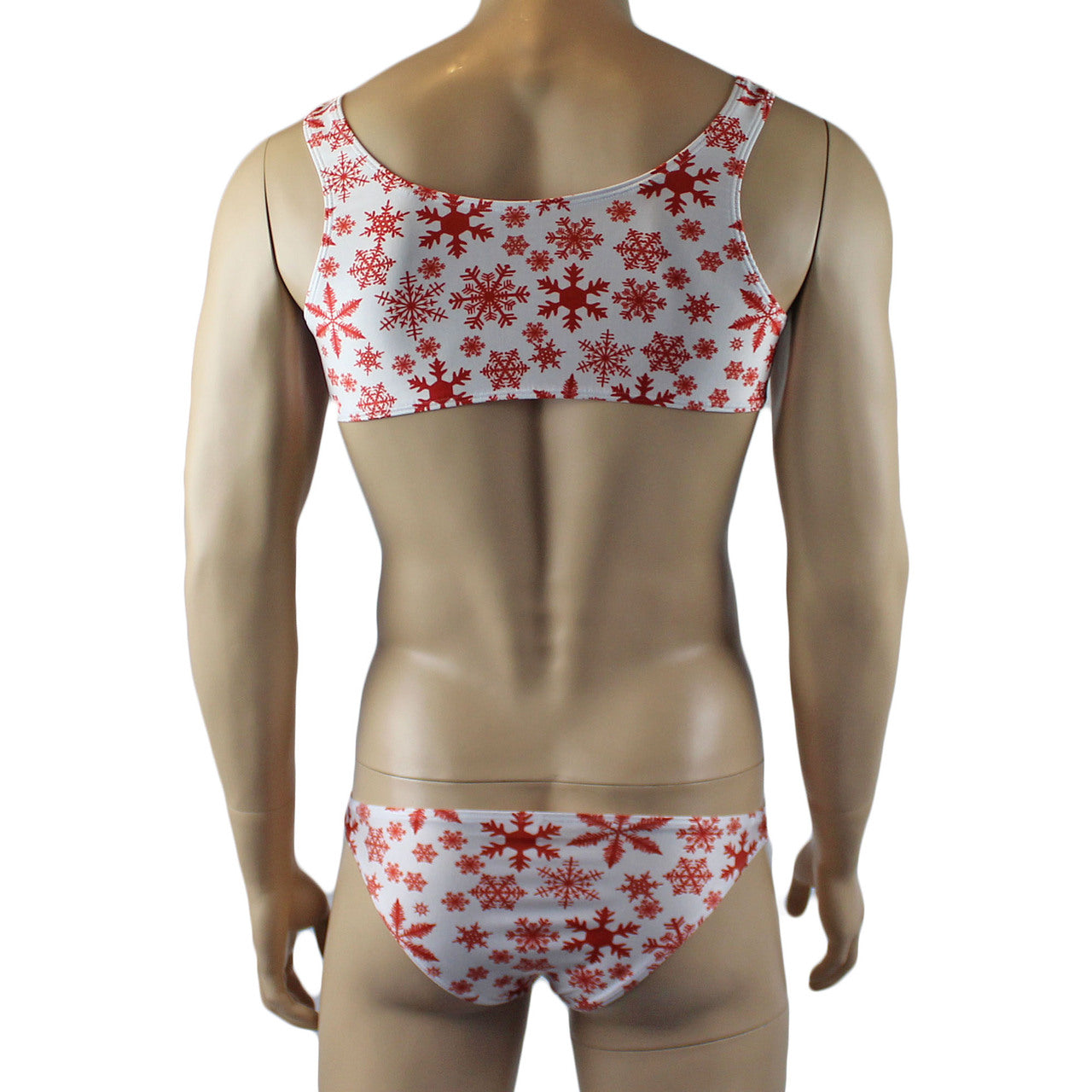Mens Lingerie Snowflake Bra Top & Low Cut Bikini Brief Red and White