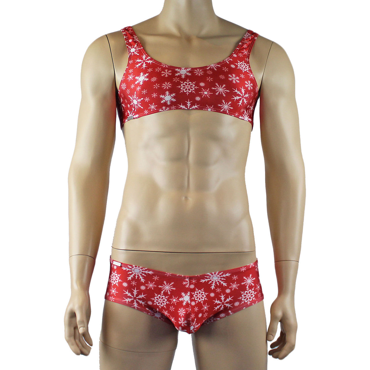 Mens Lingerie Snowflake Bra Top & Low Rise Boxer Brief Red and White