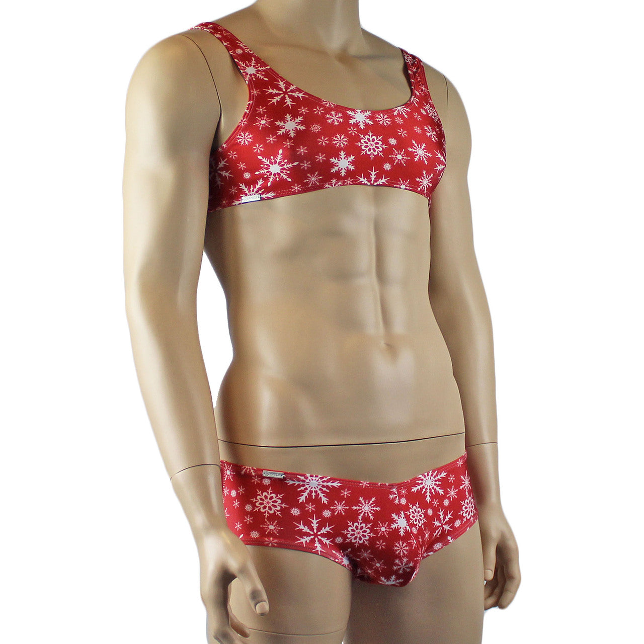 Mens Lingerie Snowflake Bra Top & Low Rise Boxer Brief Red and White